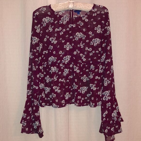 Aeropostale L Burgundy White Gray Blue Floral Baby Doll Long Bell Sleeve Blouse - Picture 5 of 16